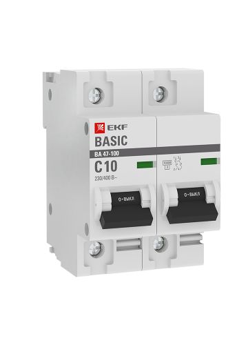 Автоматический выключатель 2P  10А (C) 10kA ВА 47-100 EKF Basic