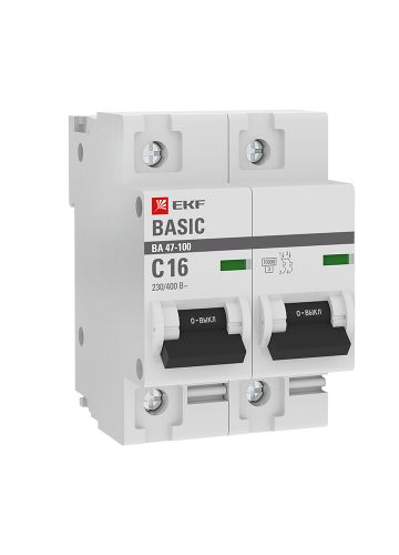 Автоматический выключатель 2P  16А (C) 10kA ВА 47-100 EKF Basic