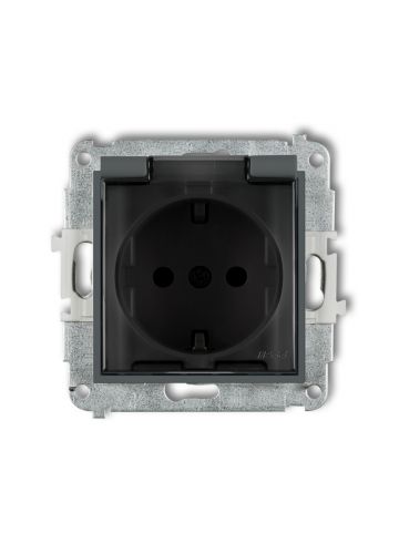 Брызгозащищенная розетка с заземлением schuko 2P+Z (дымчатая крышка, с защитными шторками) Karlik Mini, графитовый матовый (28MGPB-1sdp)